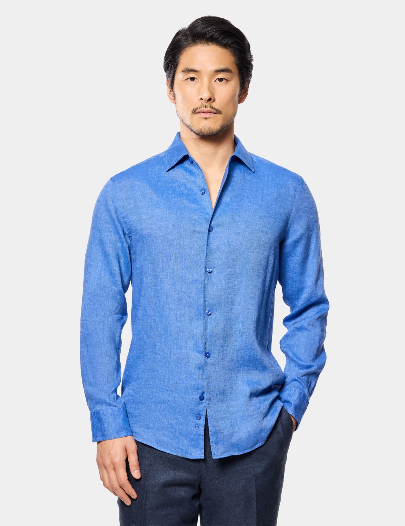 Hawes & Curtis Mid Blue Linen Shirt Size: Large | Long