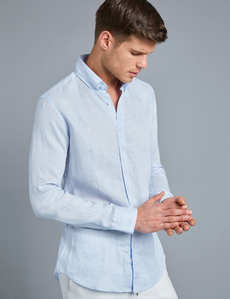 Men's Plain Blue Slim Fit Linen Shirt - Single Cuff | Hawes & Curtis
