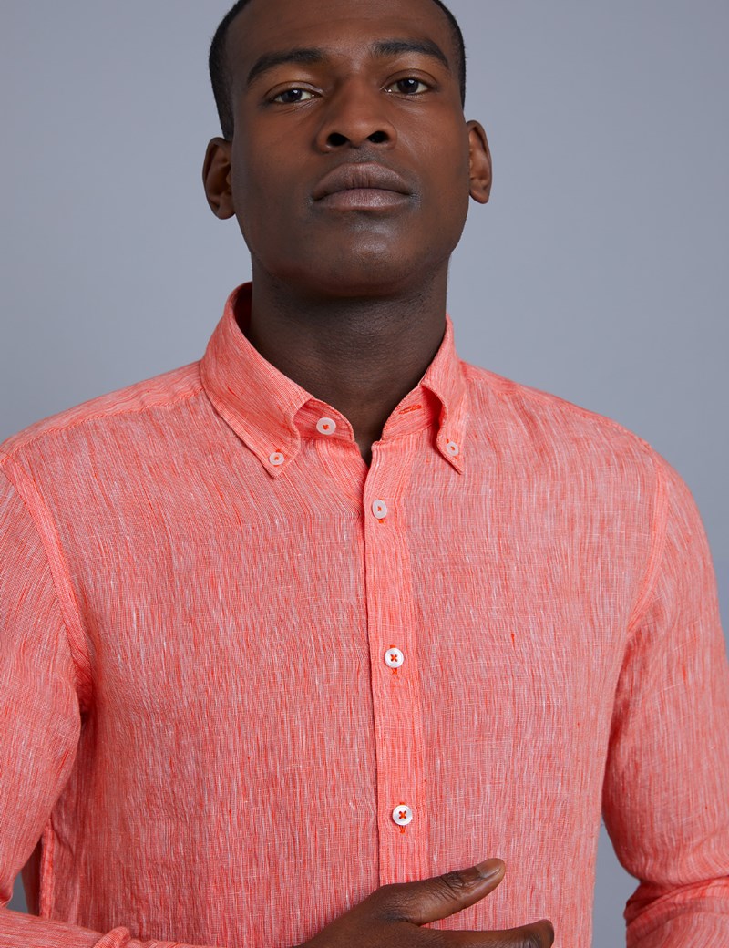 Men's Textured Coral Slim Fit Linen Shirt - Single Cuff | Hawes & Curtis