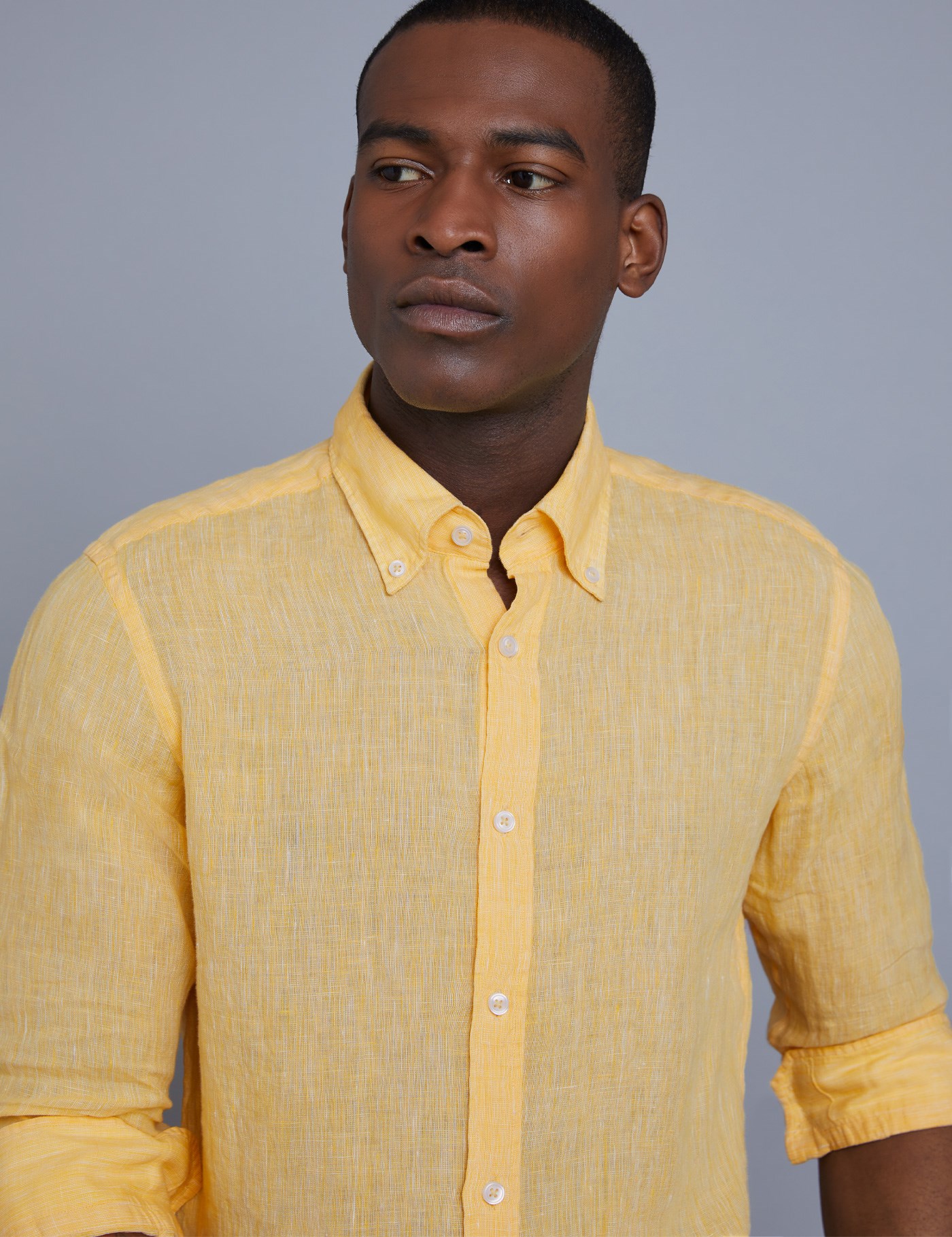 Men's Textured Yellow Slim Fit Linen Shirt Single Cuff Hawes & Curtis