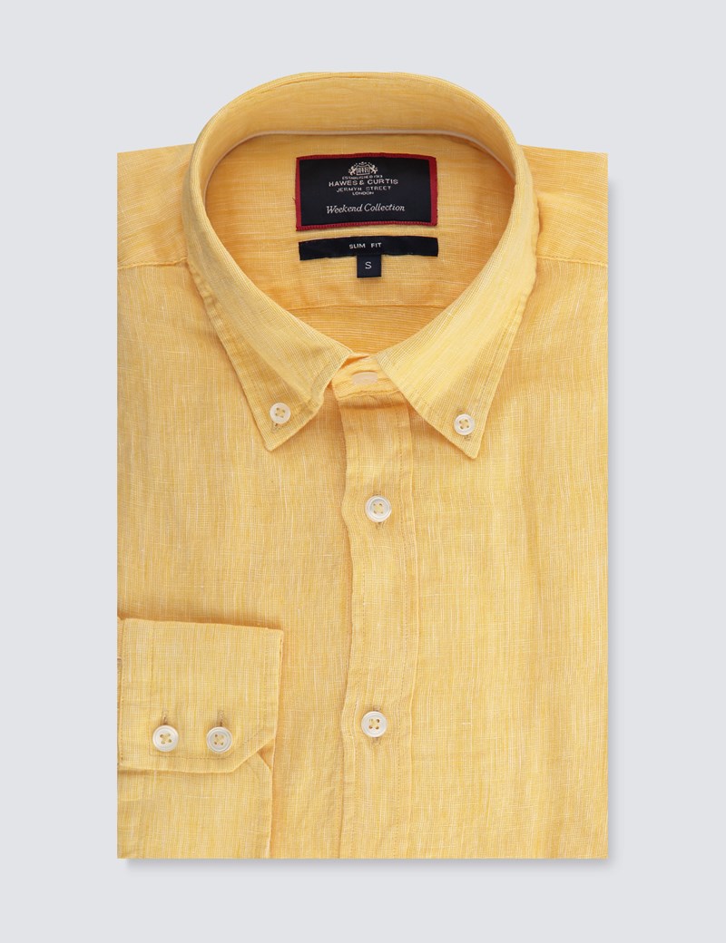 Men's Textured Yellow Slim Fit Linen Shirt - Single Cuff | Hawes & Curtis