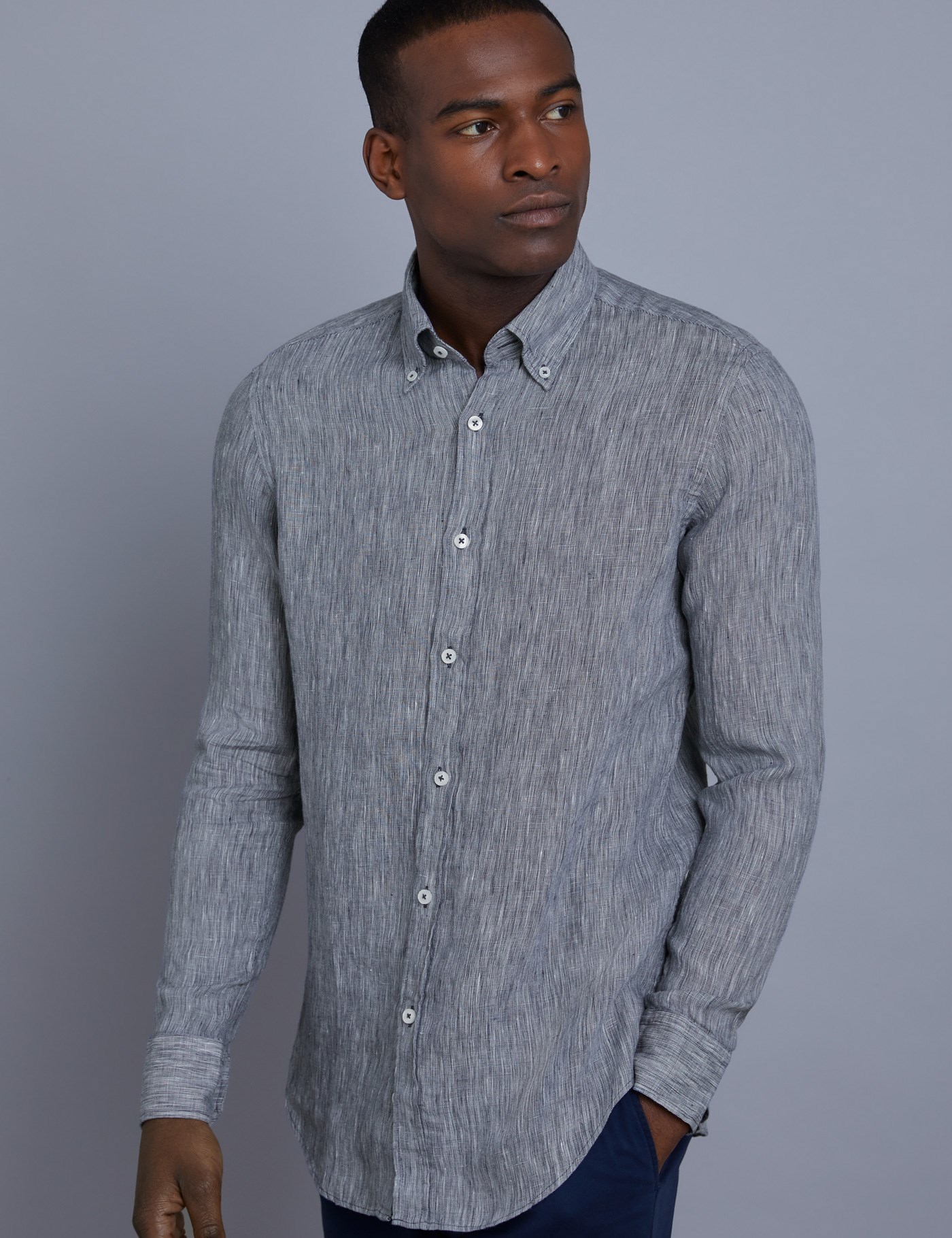 Men's Textured Navy Slim Fit Linen Shirt - Single Cuff | Hawes & Curtis