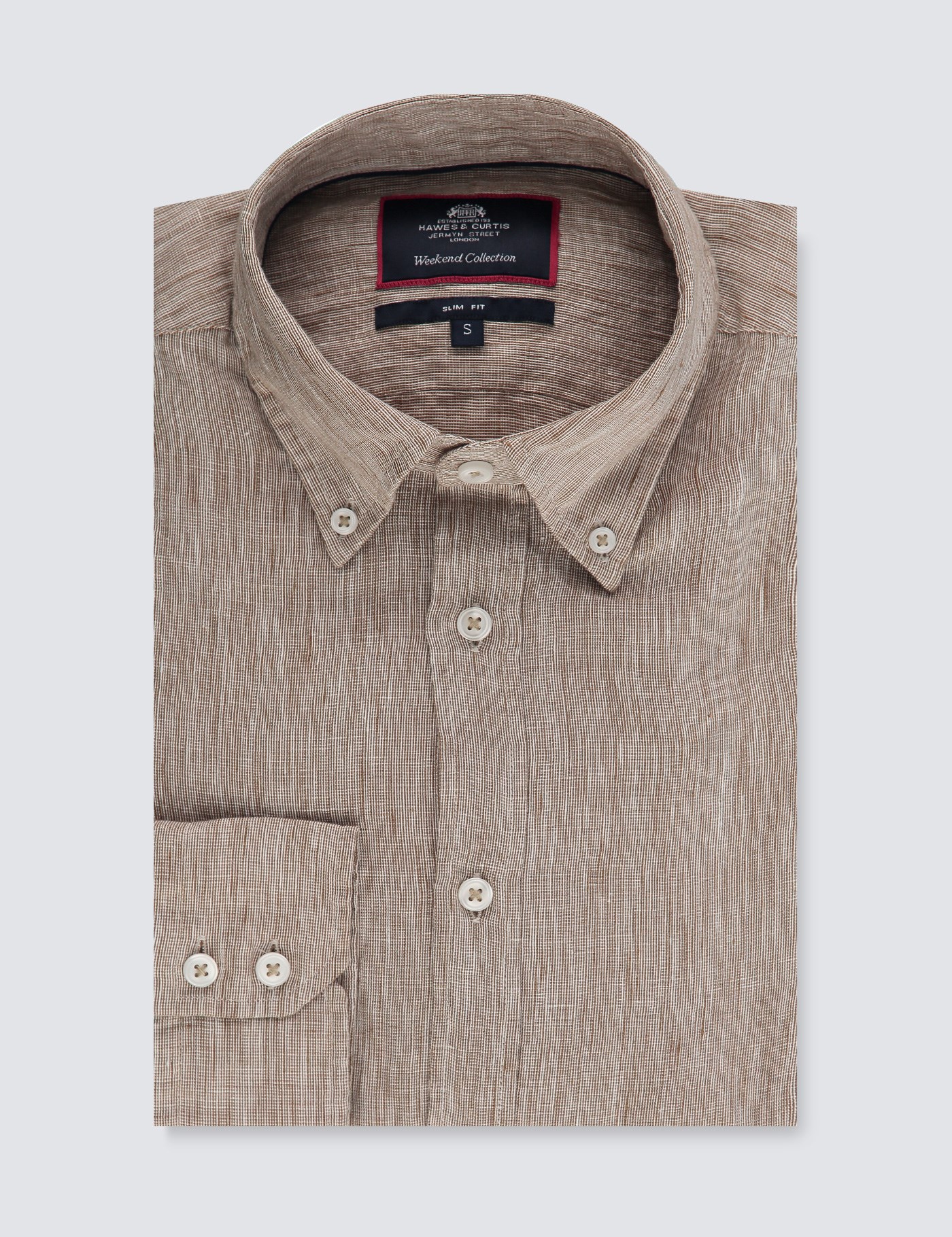 Men's Textured Khaki Slim Fit Linen Shirt Single Cuff Hawes & Curtis