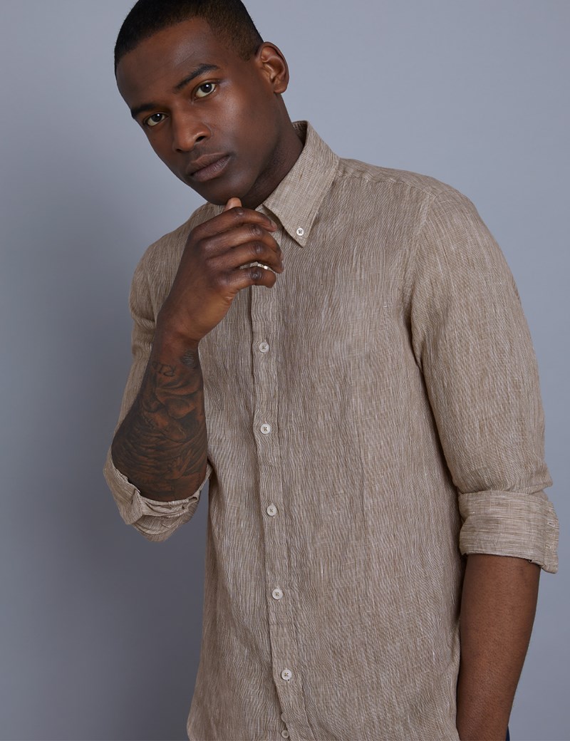 Men's Textured Khaki Slim Fit Linen Shirt - Single Cuff | Hawes & Curtis