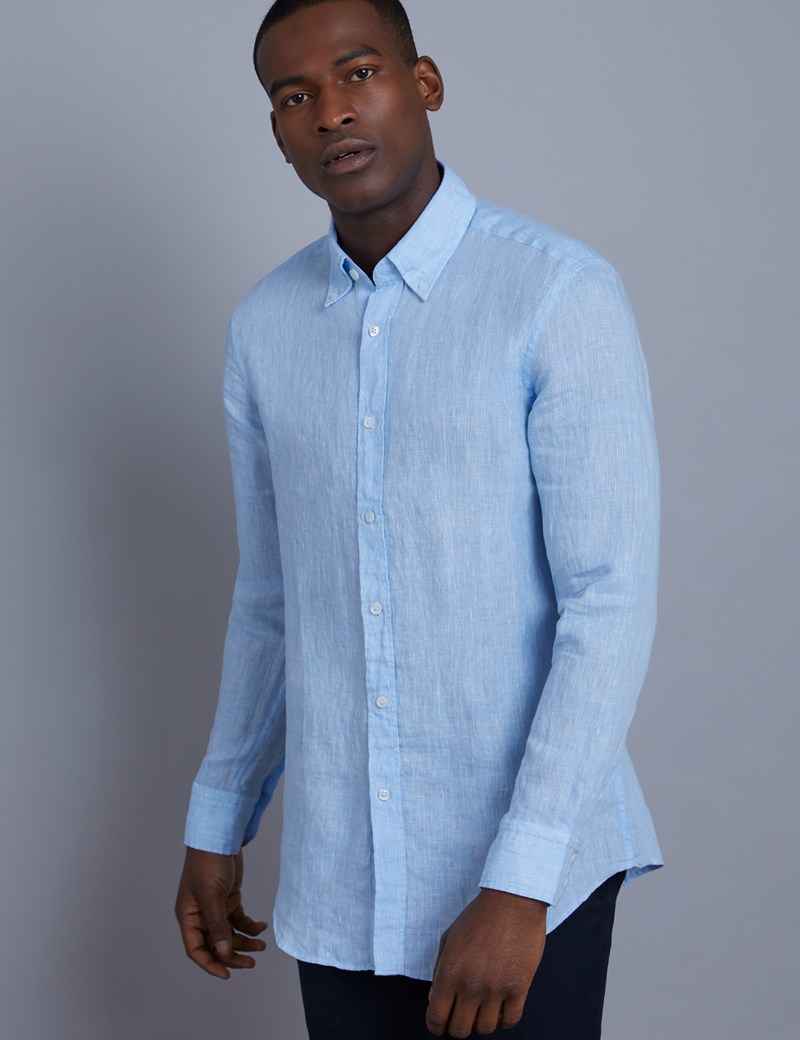 Men's Textured Blue Slim Fit Linen Shirt - Single Cuff | Hawes & Curtis