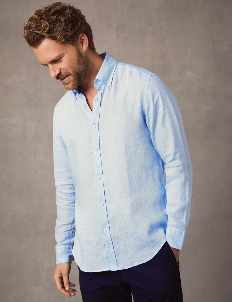 Men's Light Blue Slim Fit Linen Shirt - Single Cuff | Hawes and Curtis