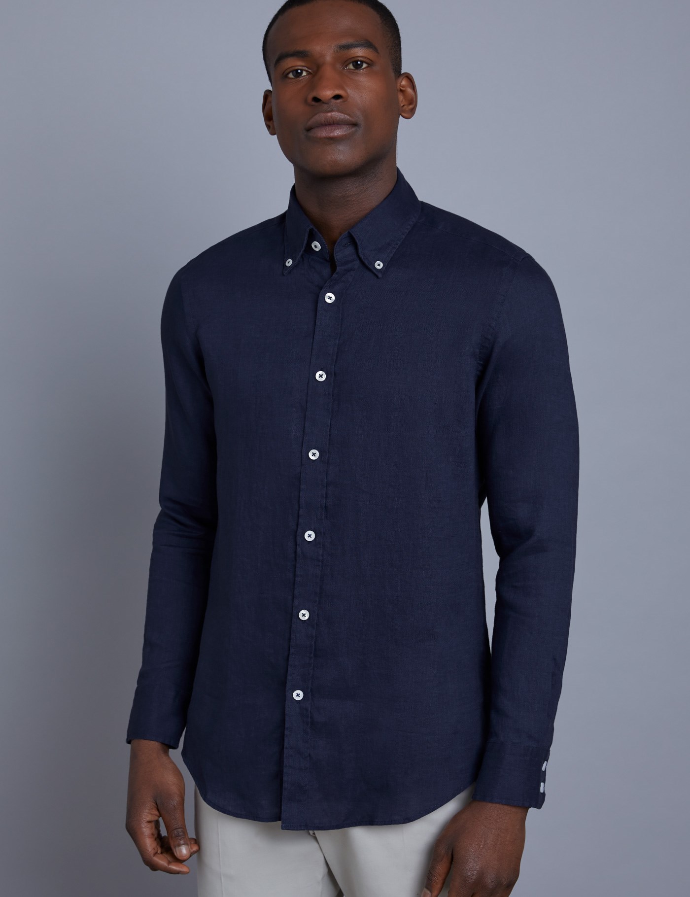 Men's Navy Slim Fit Linen Shirt - Single Cuff | Hawes & Curtis