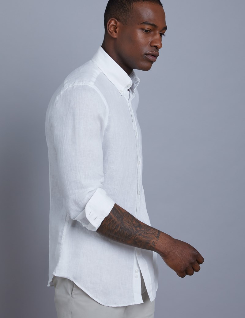 Mens White Slim Fit Linen Shirt Single Cuff Hawes And Curtis