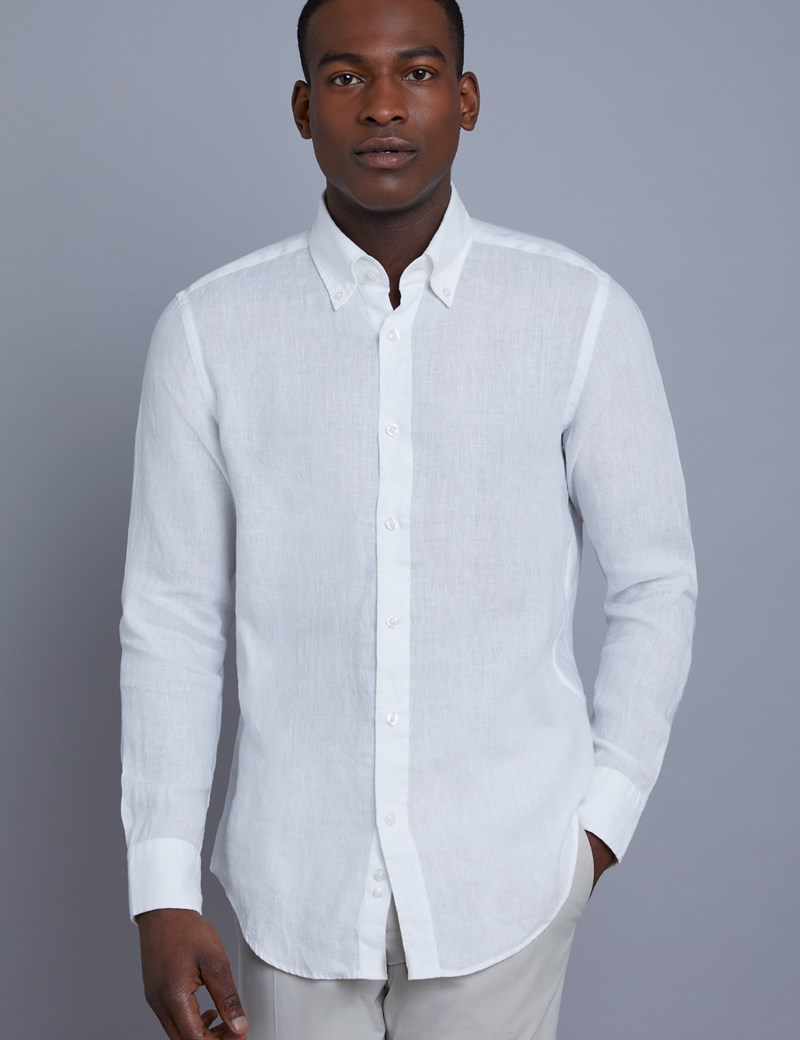 Men's White Slim Fit Linen Shirt - Single Cuff | Hawes & Curtis
