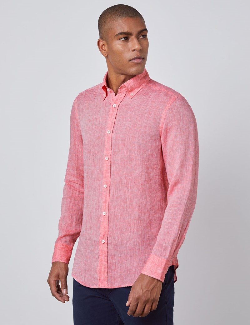  Men s  Coral Pink Slim Fit Linen Shirt  Single Cuff 