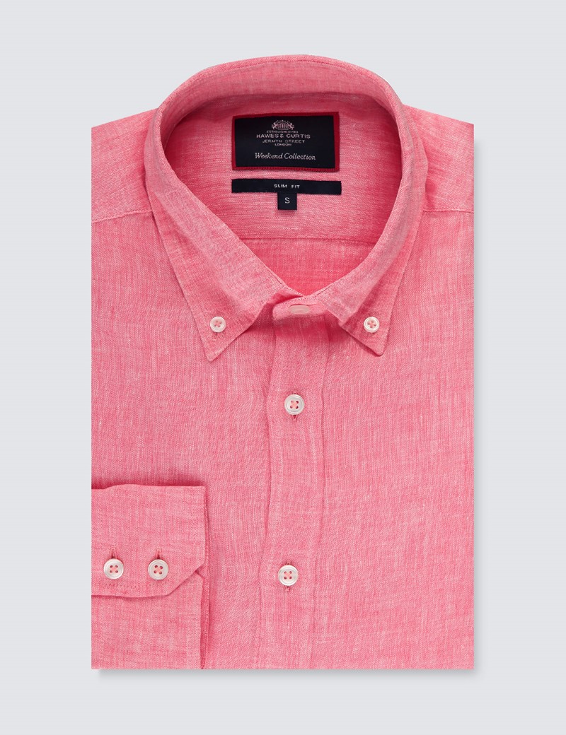 Men's Coral Pink Slim Fit Linen Shirt Single Cuff Hawes & Curtis