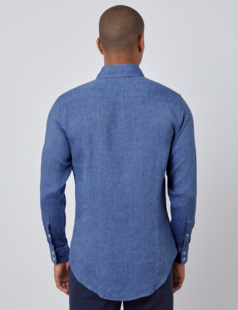 Men's Denim Blue Slim Fit Linen Shirt - Single Cuff | Hawes & Curtis