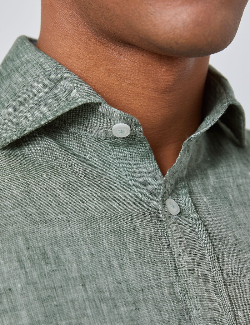 Men's Green Slim Fit Linen Shirt - Windsor Collar - Single Cuff | Hawes ...