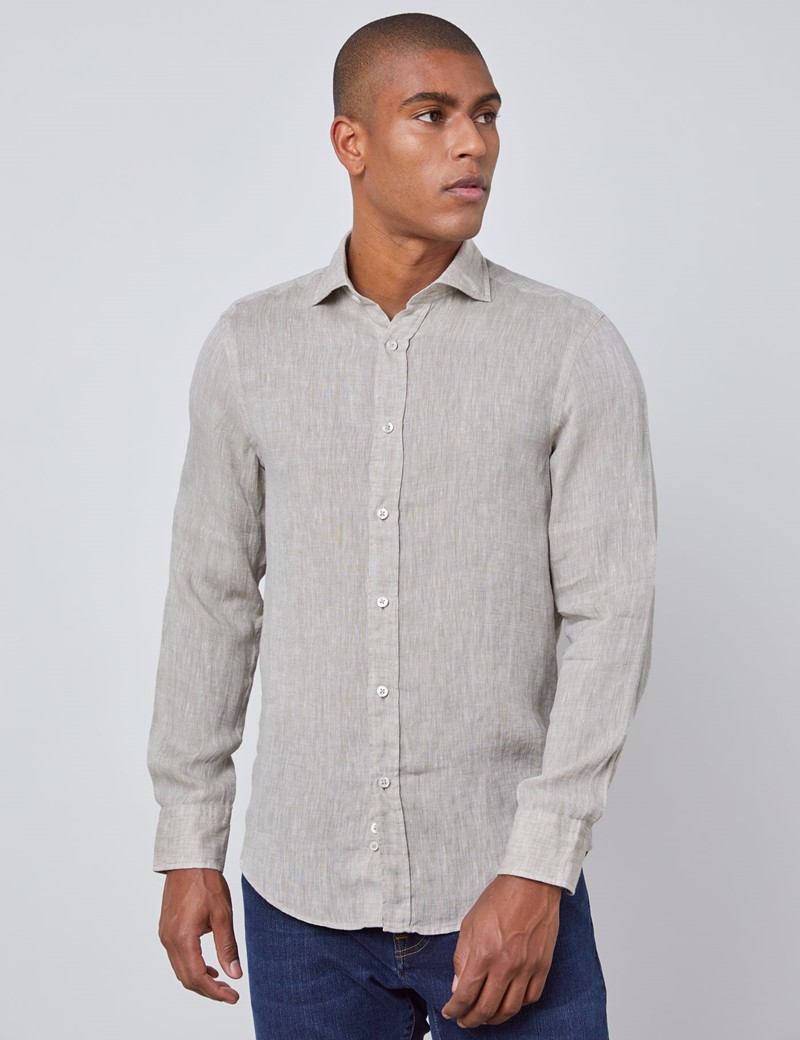 Men's Beige Slim Fit Linen Shirt - Windsor Collar - Single Cuff | Hawes ...