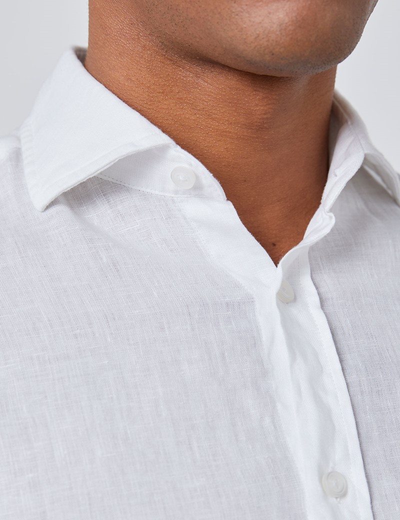 Men's White Slim Fit Linen Shirt - Windsor Collar - Single Cuff | Hawes ...