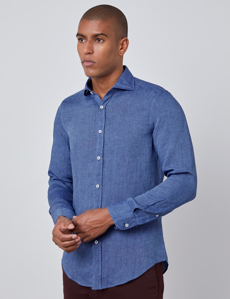 Men's Denim Blue Slim Fit Linen Shirt - Windsor Collar - Single Cuff ...