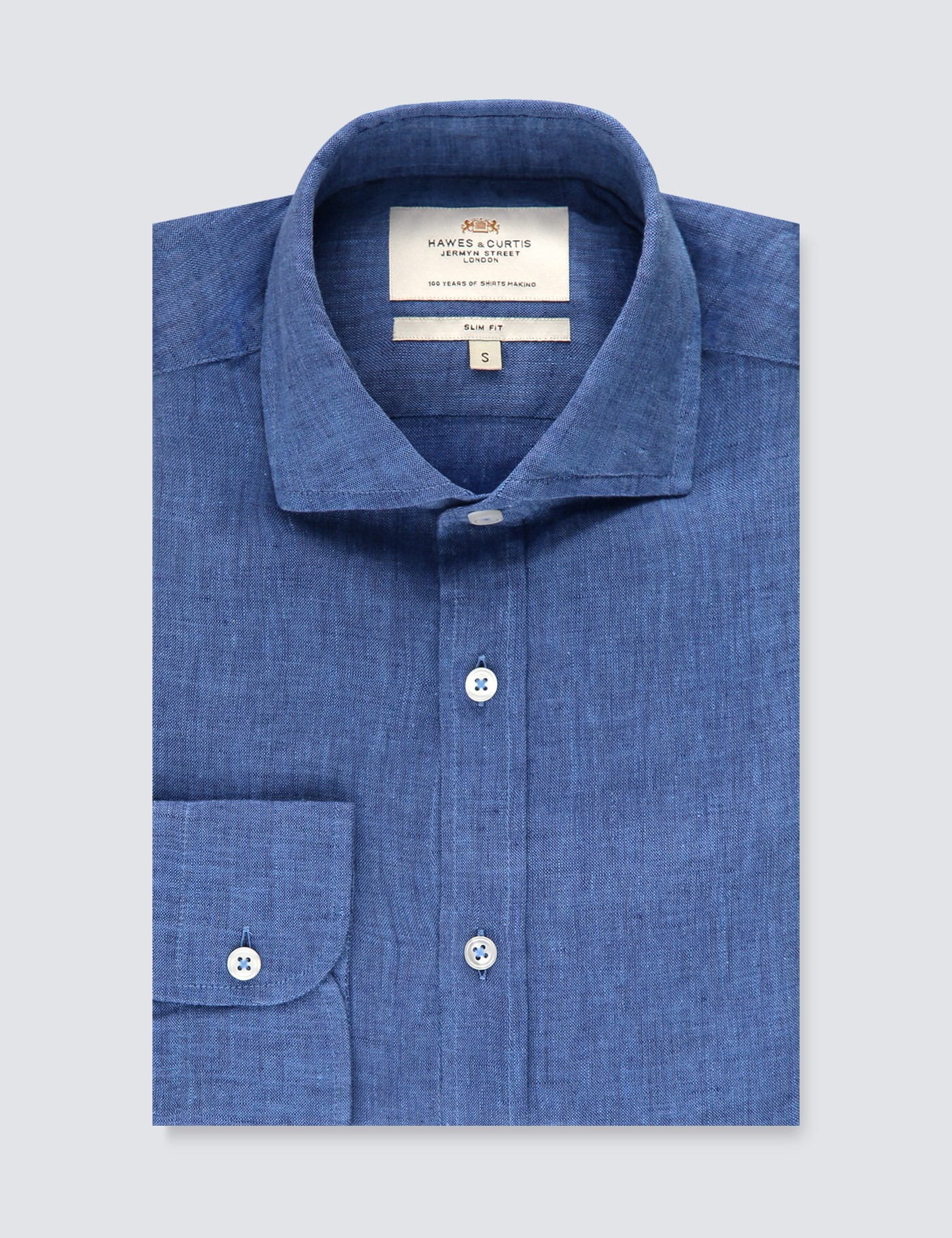 Men's Denim Blue Slim Fit Linen Shirt Windsor Collar Single Cuff