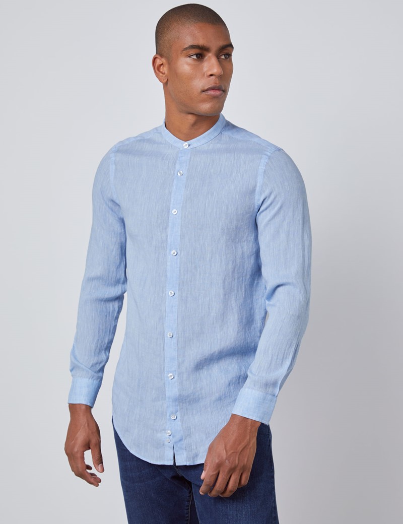 Men's Blue Crew Neck Slim Fit Linen Shirt - Single Cuff | Hawes & Curtis
