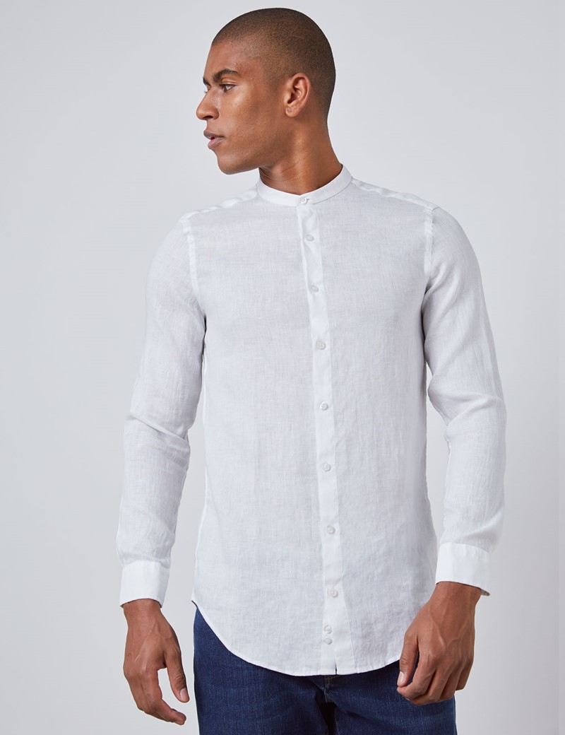 Men's White Crew Neck Slim Fit Linen Shirt - Single Cuff | Hawes & Curtis