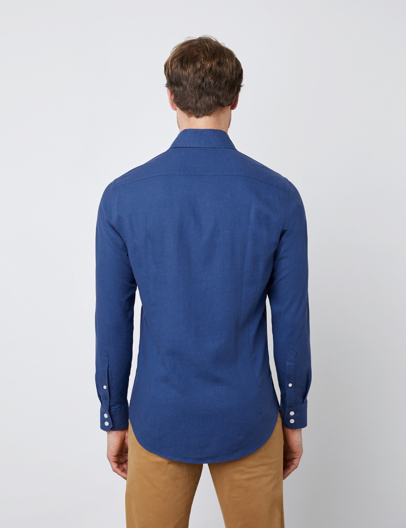 Men's Blue Slim Fit Linen Mix Shirt - Button Down Collar | Hawes & Curtis