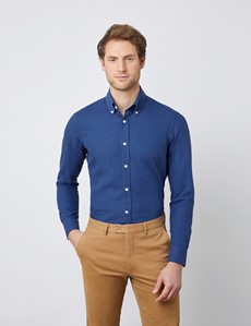 Men's Blue Slim Fit Linen Mix Shirt - Button Down Collar