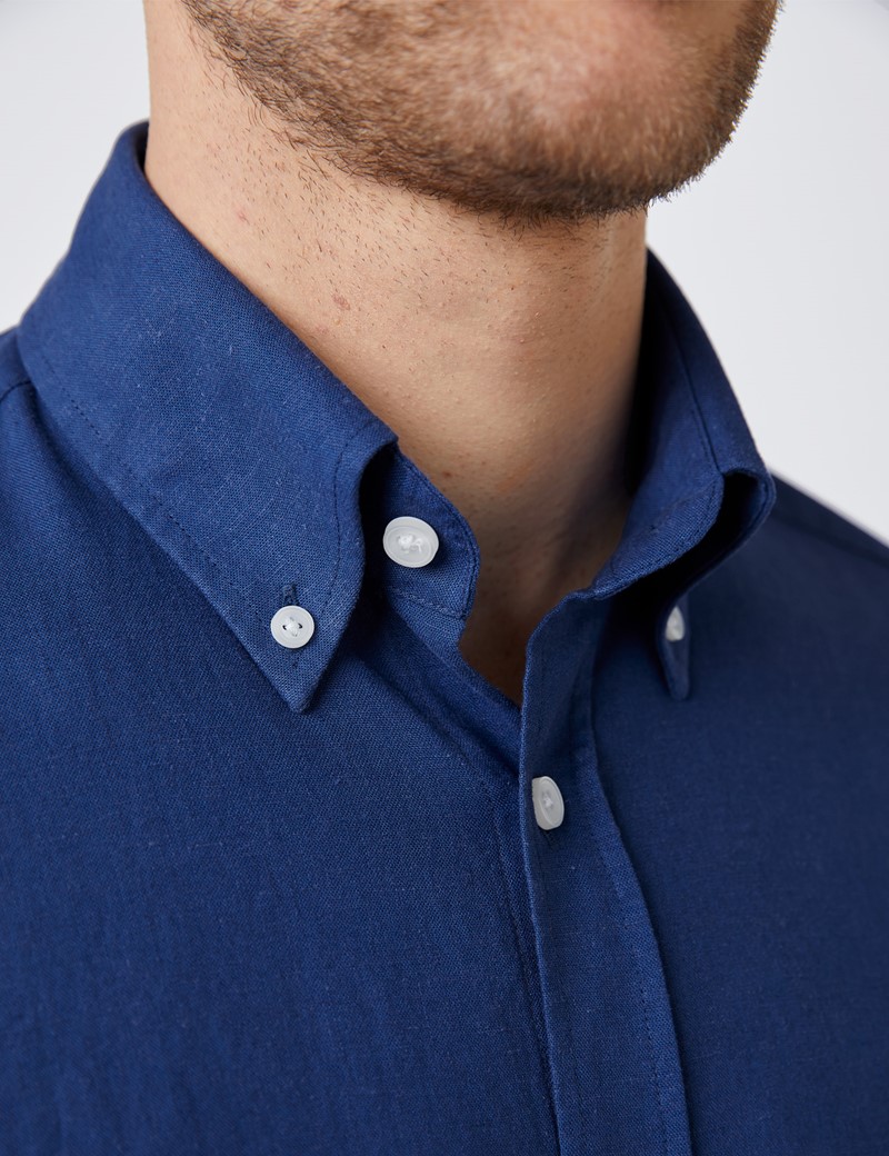 Men's Blue Slim Fit Linen Mix Shirt - Button Down Collar