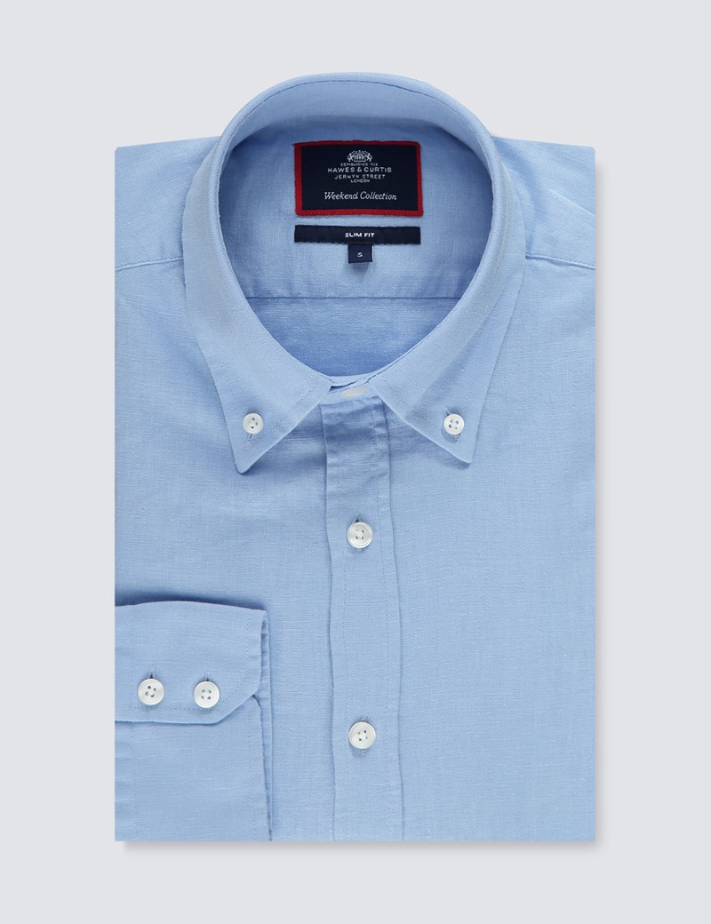 Men's Light Blue Slim Fit Linen Mix Shirt - Button Down Collar