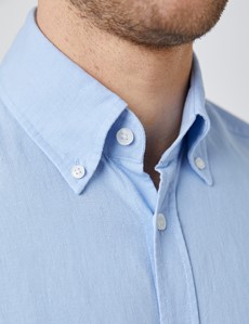 Men's Light Blue Slim Fit Linen Mix Shirt - Button Down Collar