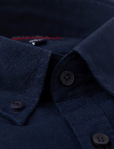 Men's Navy Slim Fit Linen Mix Shirt - Button Down Collar
