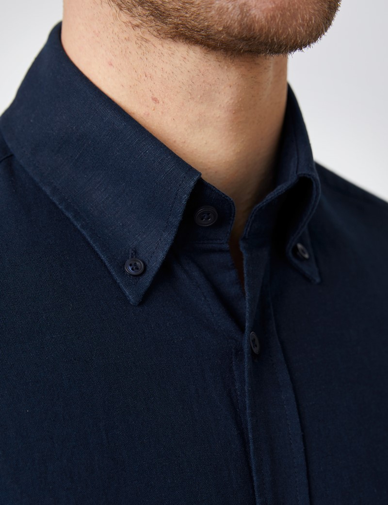 Men's Navy Slim Fit Linen Mix Shirt - Button Down Collar