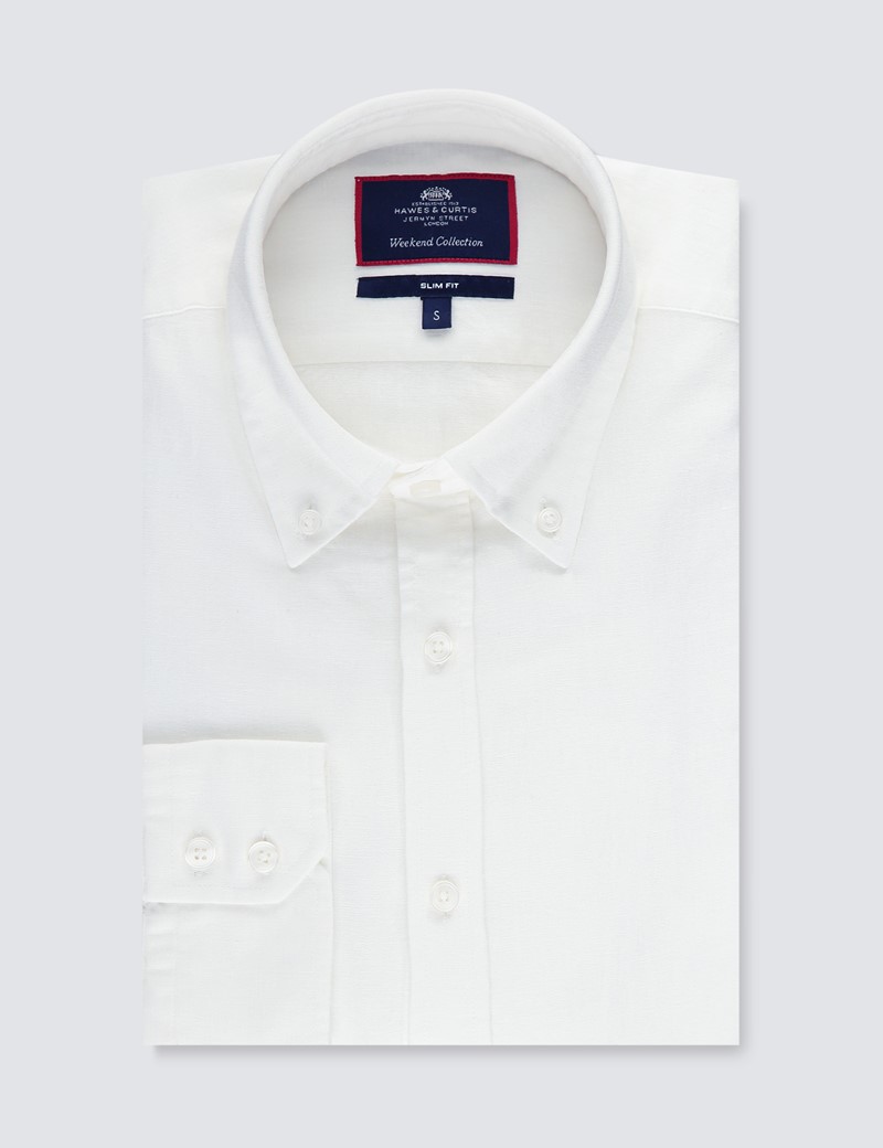 Men's White Slim Fit Linen Mix Shirt - Button Down Collar | Hawes & Curtis