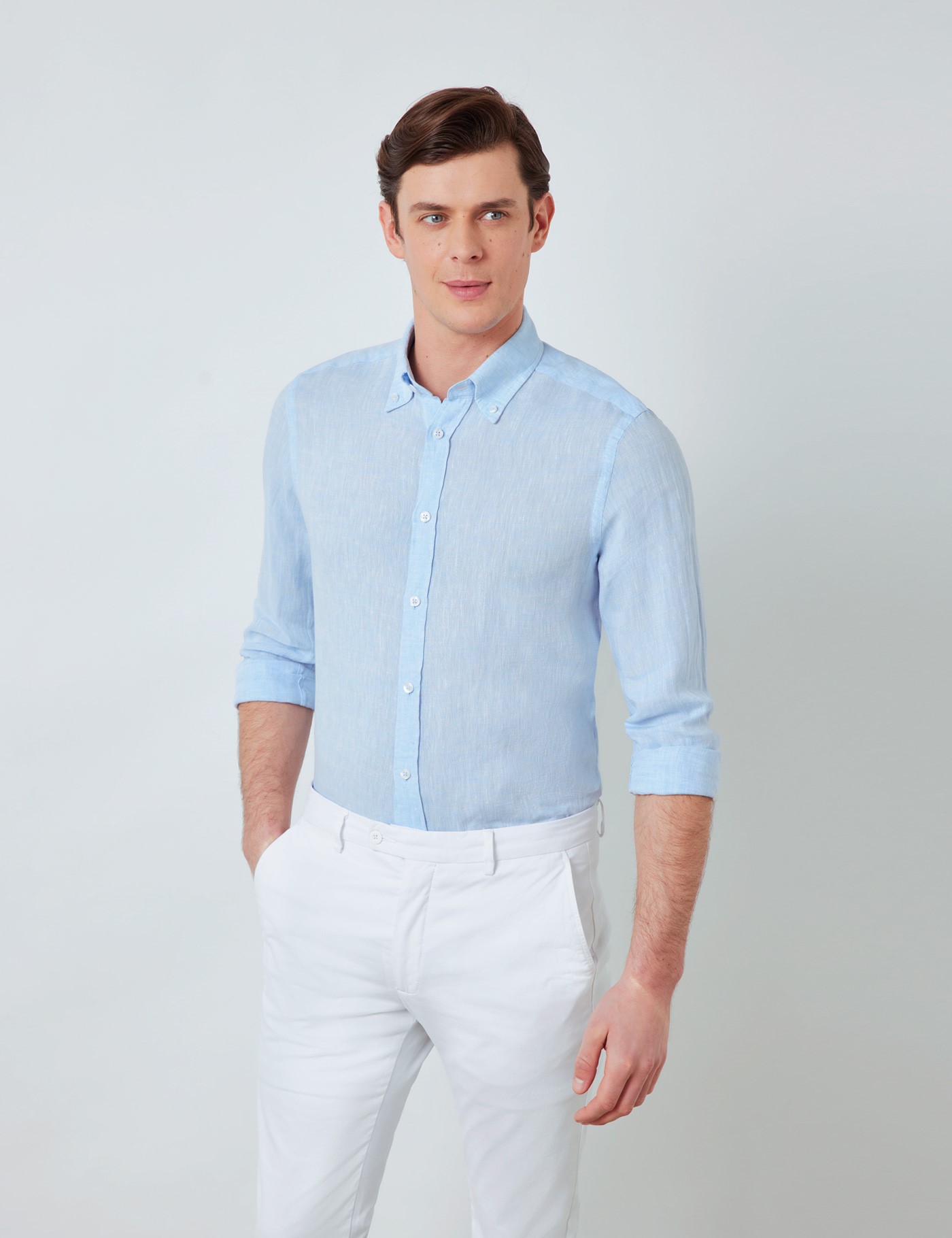 Linen Relaxed Slim Fit Shirt with Button Down Collar and Single Cuffs ...