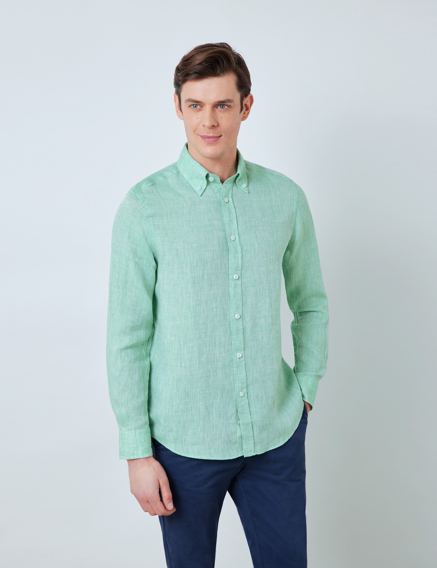 Linen Relaxed Slim Fit Shirt with Button Down Collar and Single Cuffs