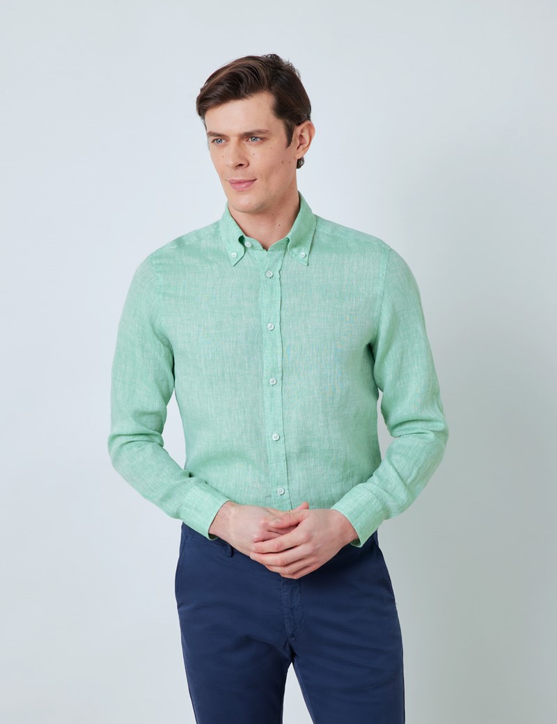 Linen Relaxed Slim Fit Shirt with Button Down Collar and Single Cuffs ...