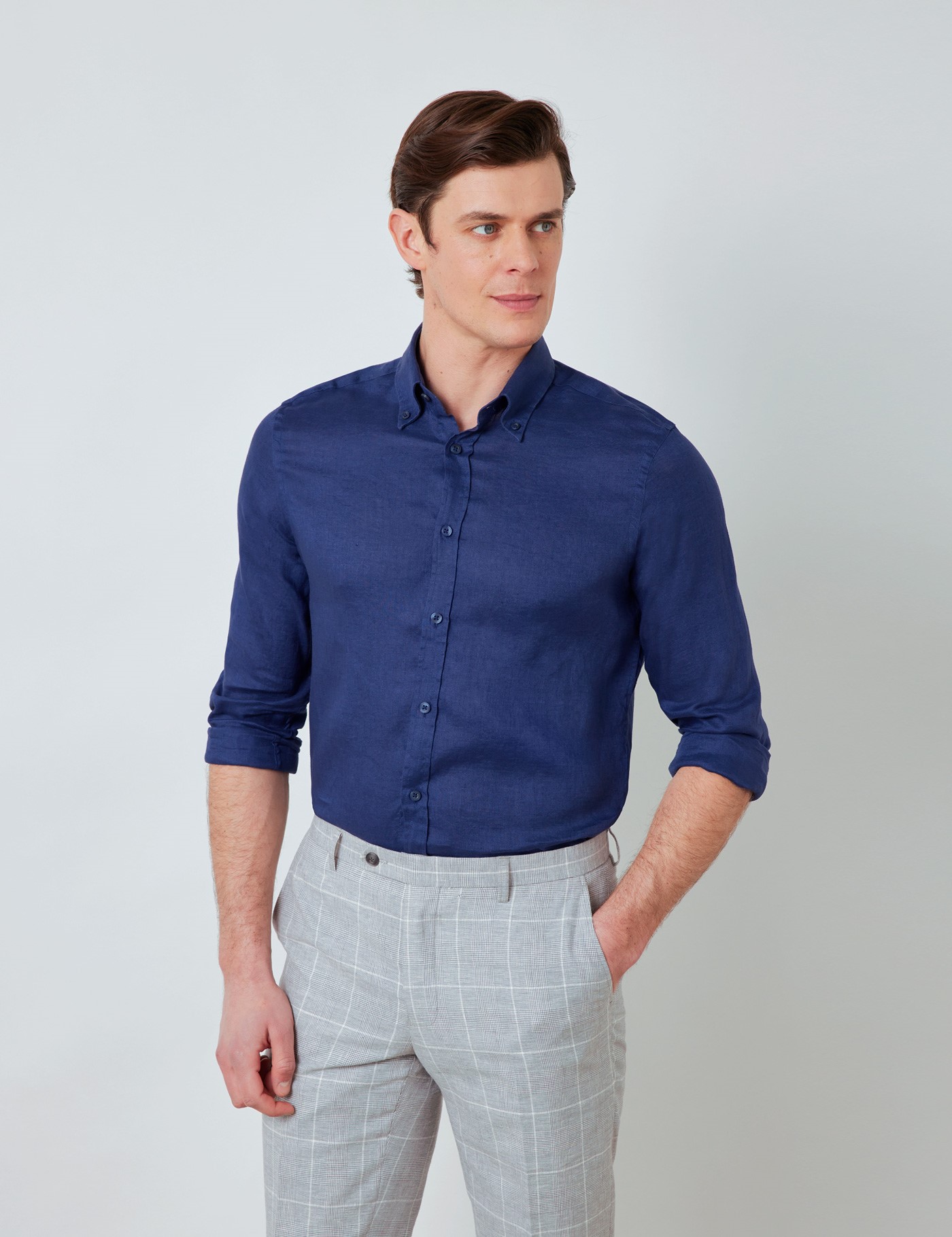 Linen Relaxed Slim Fit Shirt with Button Down Collar and Single Cuffs ...