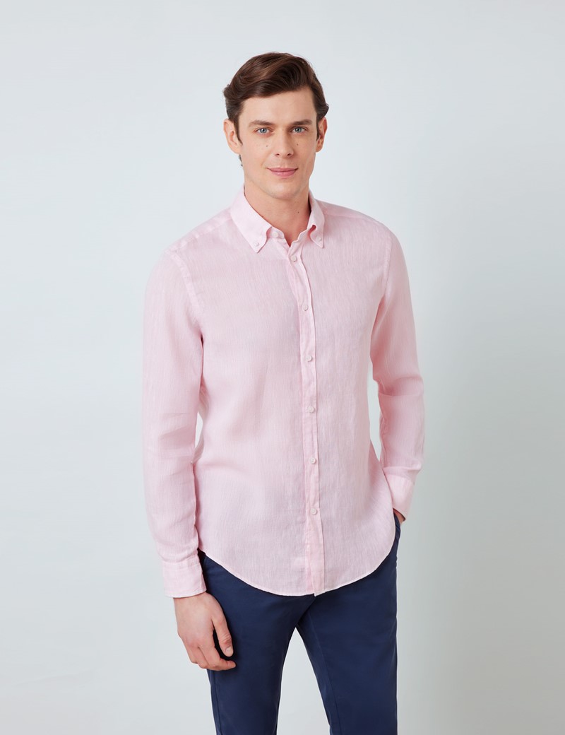 Linen Relaxed Slim Fit Shirt with Button Down Collar and Single Cuffs ...