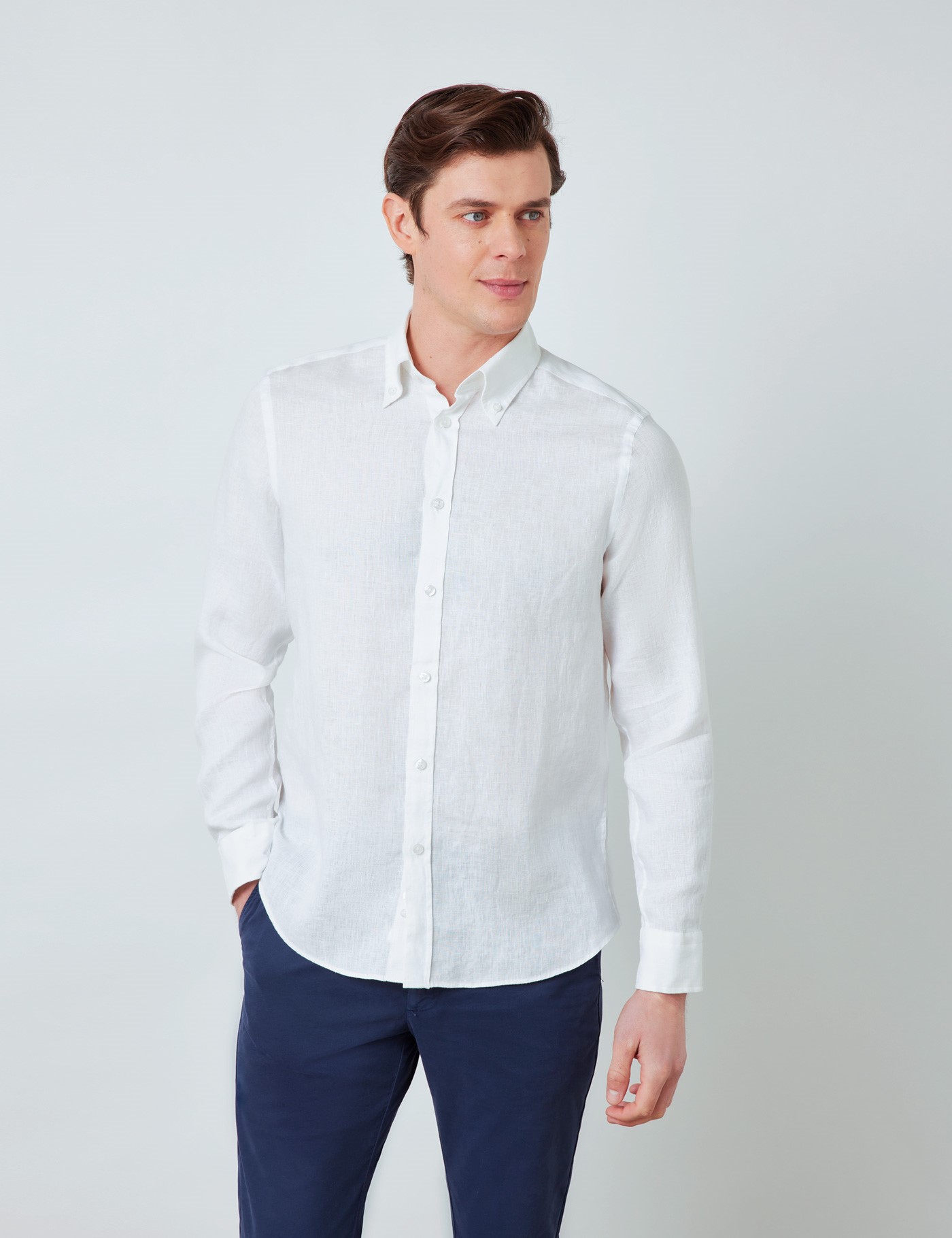 Linen Relaxed Slim Fit Shirt with Button Down Collar and Single Cuffs ...