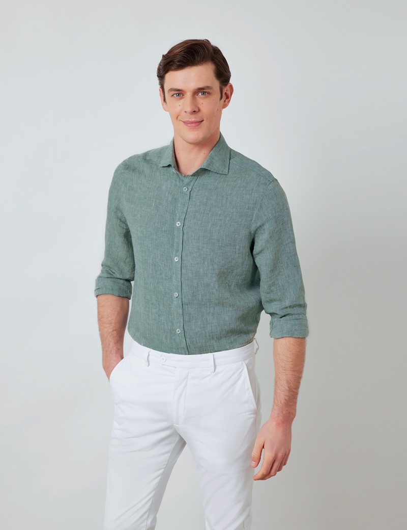 Linen Relaxed Slim Fit Shirt with Full Cutaway Collar and Single Cuffs ...