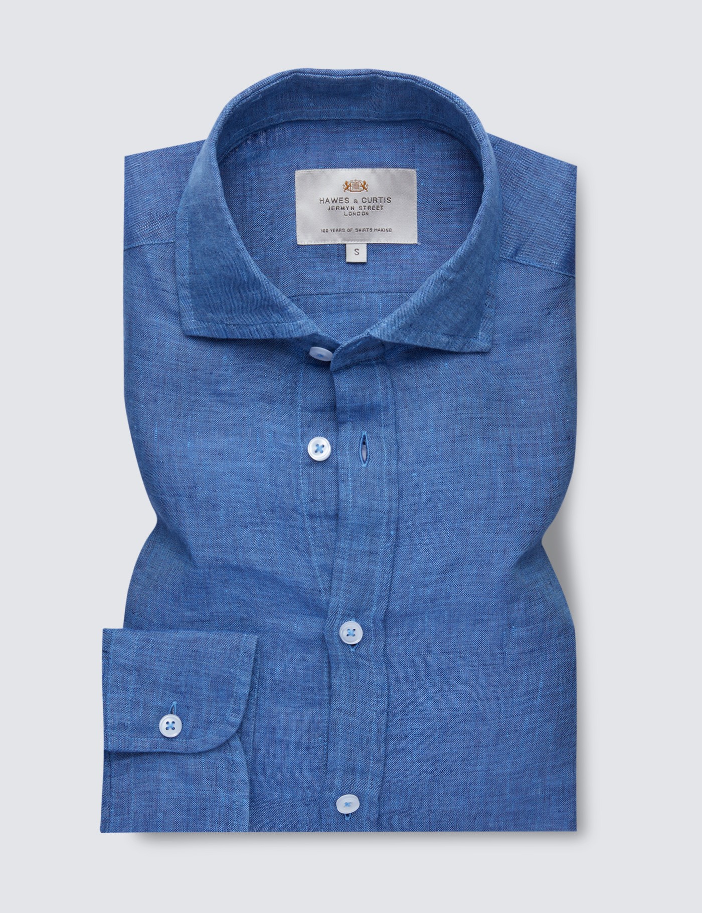 Linen Relaxed Slim Fit Shirt With Full Cutaway Collar And Single Cuffs In Denim Hawes And Curtis