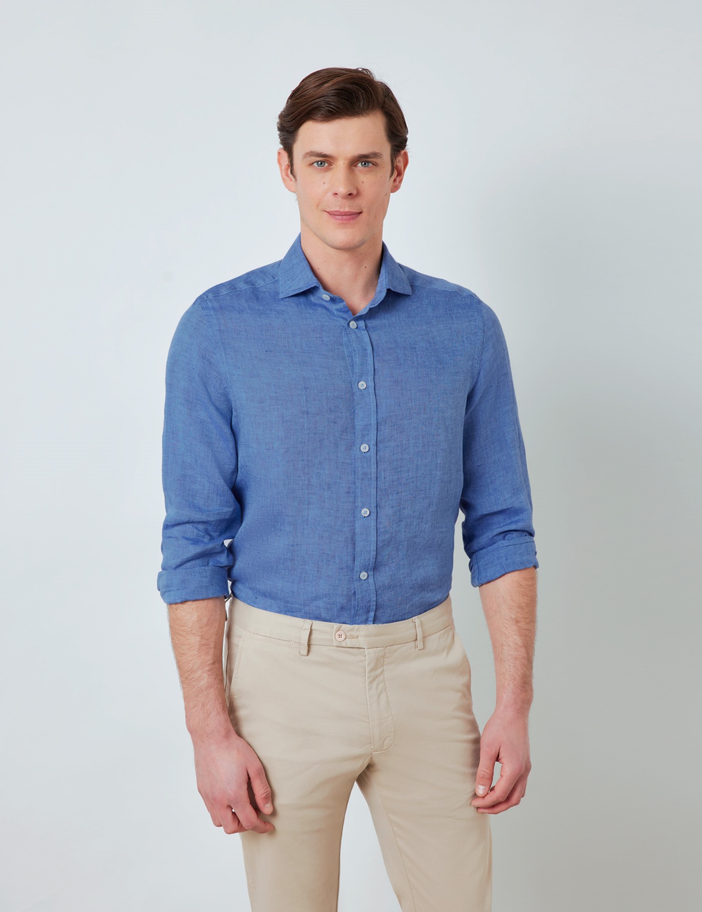 Linen Relaxed Slim Fit Shirt with Full Cutaway Collar and Single Cuffs ...