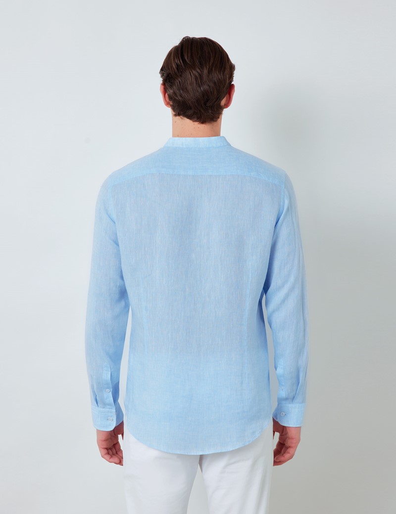 Linen Collarless Relaxed Slim Fit Shirt in Light Blue | Hawes & Curtis