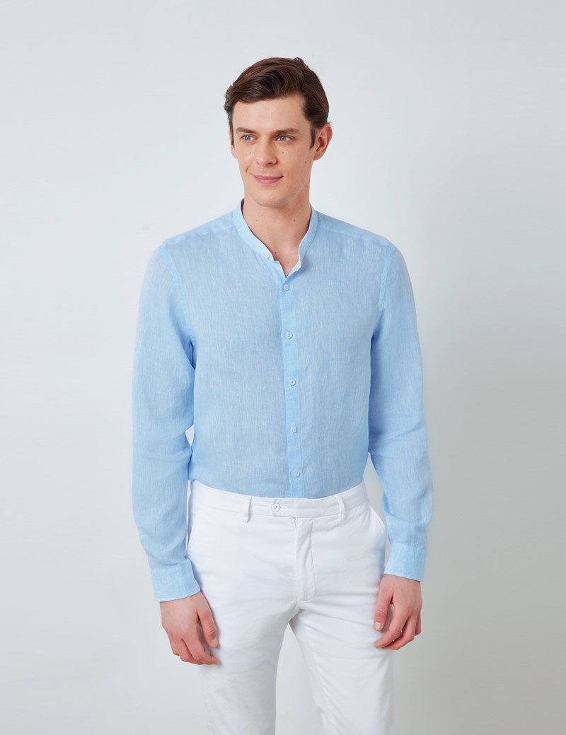 Linen Collarless Relaxed Slim Fit Shirt in Light Blue | Hawes & Curtis