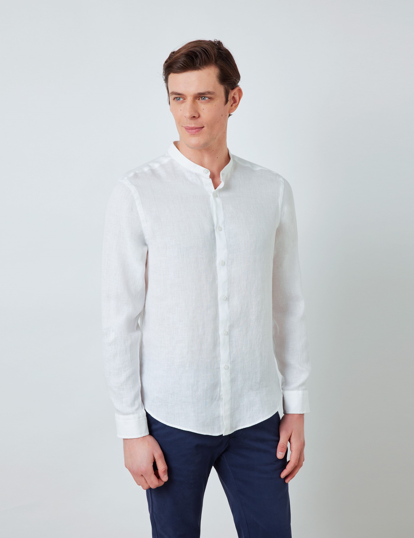 Linen Collarless Relaxed Slim Fit Shirt in White | Hawes & Curtis