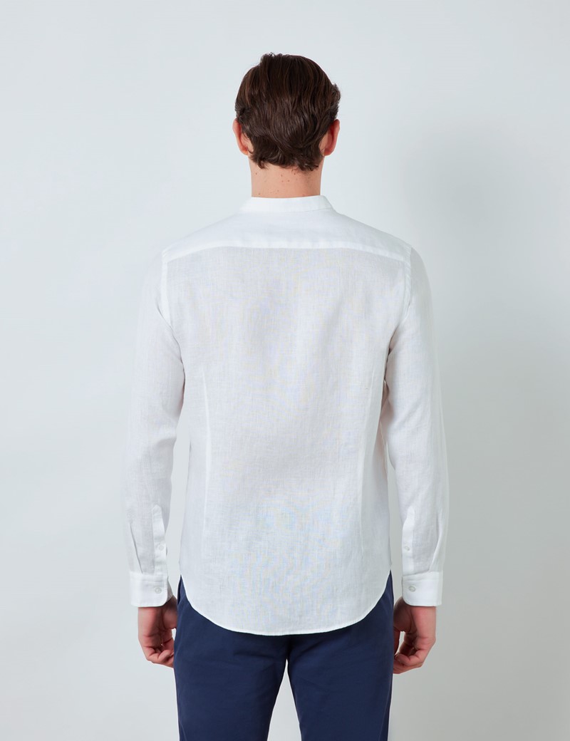 Linen Collarless Relaxed Slim Fit Shirt in White | Hawes & Curtis