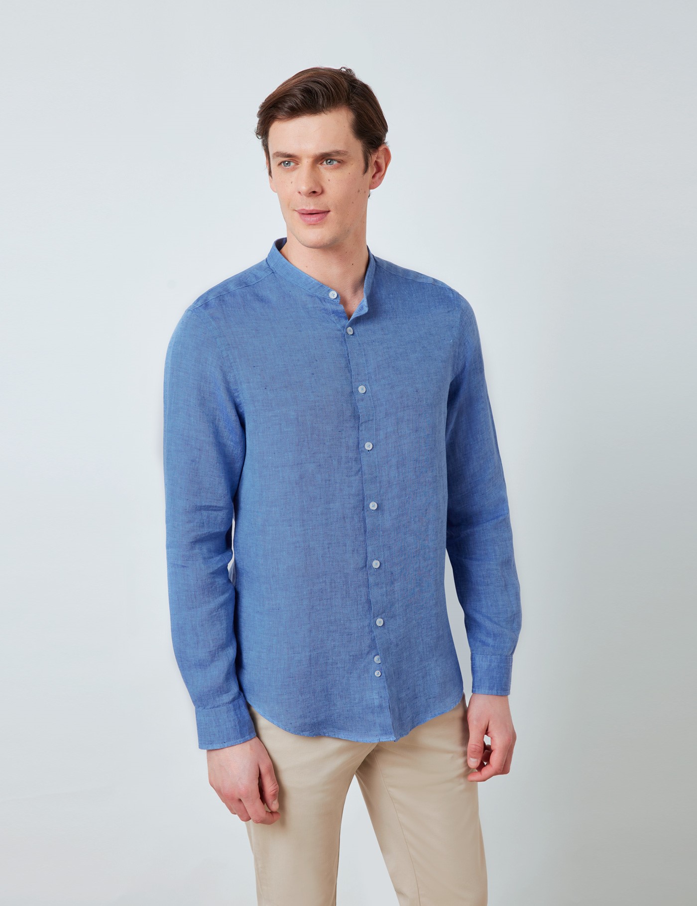 Linen Collarless Relaxed Slim Fit Shirt in Denim | Hawes & Curtis