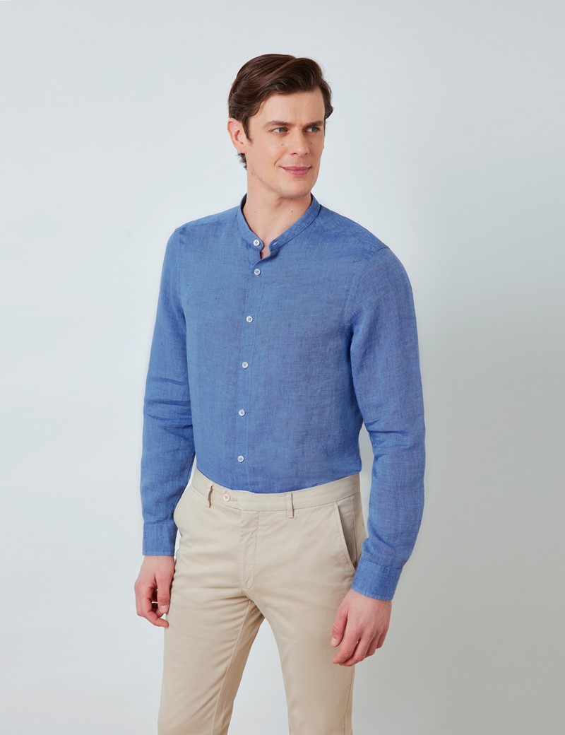 Linen Collarless Relaxed Slim Fit Shirt in Denim | Hawes & Curtis