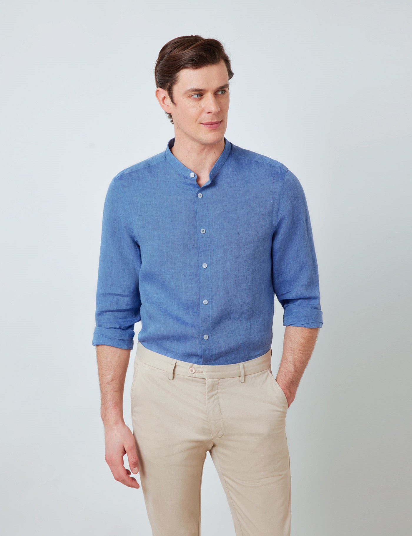 Linen Collarless Relaxed Slim Fit Shirt in Denim | Hawes & Curtis