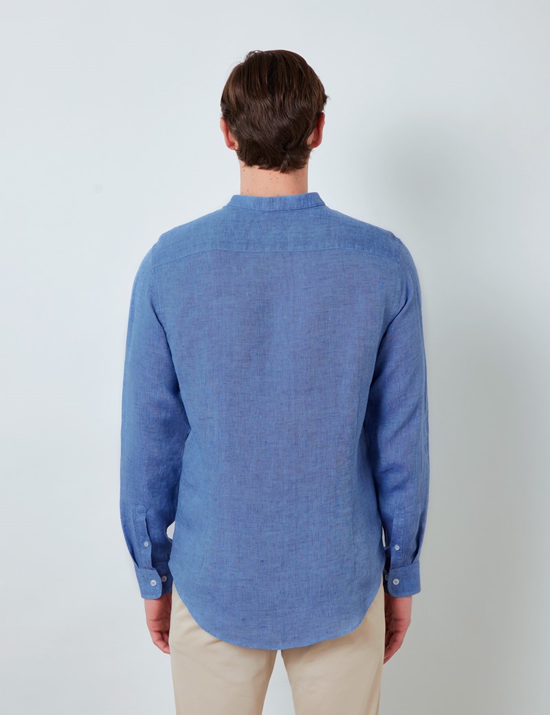 Linen Collarless Relaxed Slim Fit Shirt in Denim Hawes & Curtis