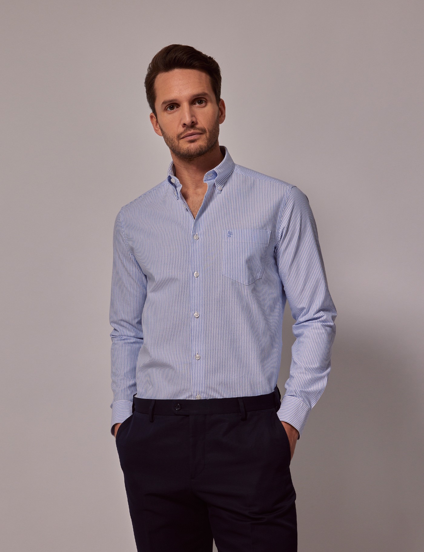 & Regular Fit Blue & Stripe Washed Oxford Shirt Long