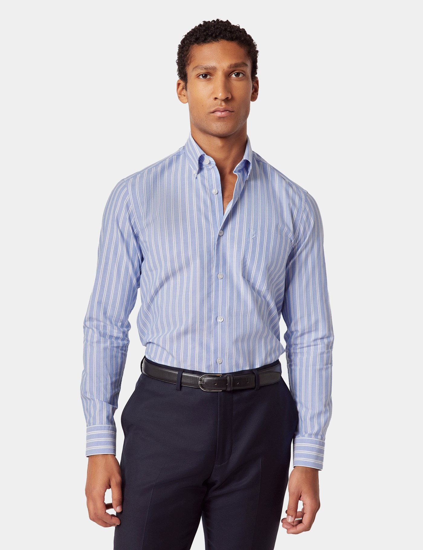 & Regular Fit Light Blue & White Stripe Pin Point Washed Oxford Shirt Long